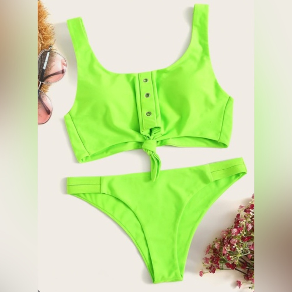 Neon green knot hem bikini